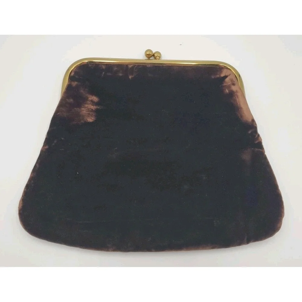 Vtg JR USA Velour Evening Hand Bag‎ Purse Clutch Large Folding Kiss Lock Brown
